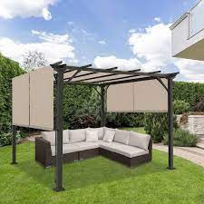 Outdoor Gazebo Pergola 10 Ft X 10 Ft With Retractable Sun Shade Canopy Beige