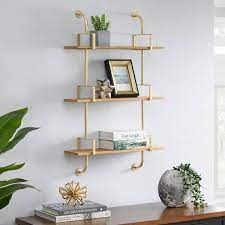 Gold Metal And Natural Wood Wall Shelf 21 In W X 34 In H