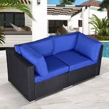 Black 2 Piece Wicker Outdoor All Weather Patio Loveseats Sectional Sofa Corner Sofa With Royal Blue Cushions