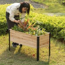Gardenised Elevated Outdoor Raised Rectangular Planter Bed Box Solid Wood With Steel Legs Natural