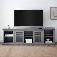 80 In Grey Transitional Wood And Glass Door Tv Stand With Cable Manag