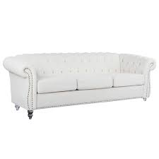 84 In W Rolled Arm Chesterfield Polyester 3 Seater Straight Sofa With Removable Cushion In White