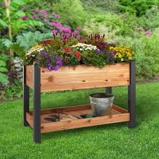 Outdoor Essentials Haven 2 Ft X 4 Ft Natural Cedar Elevated Garden Bed With Shelf Vinyl Legs