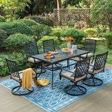 Black 7 Piece Metal Outdoor Patio Dining Set With Rectangle Table And Fashion Swivel Chairs With Beige Cushions