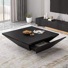 39 4 In Black Modern Square Wood Coffee Table With Large Soft Close Storage Drawer