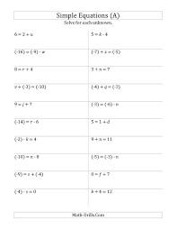 Algebra Worksheet One Step Equations