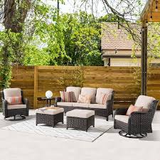 Moonlight Brown 6 Piece Wicker Patio Conversation Seating Sofa Set With Beige Cushions And Swivel Rocking Chairs
