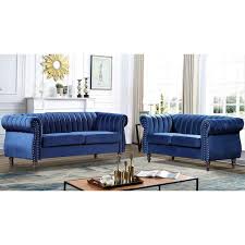 Louis Dark Blue Velvet Nailhead Living Room Set Sofa And Loveseat