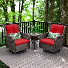 3 Piece Wicker Patio Swivel Outdoor Rocking Chair Set With Red Cushions And Table