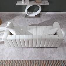 Modern 85 8 In Square Arm Velvet 3 Seater Rectangle Channel Sofa Traditional Chesterfield Sofa With Pillows In White