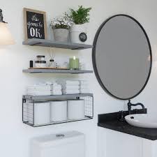 16 5 In W X 6 In D Grey Wood Floating Bathroom Shelves Wall Mounted With Wire Basket Decorative Wall Shelf