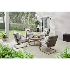 Hampshire Place 5 Piece Steel Wicker Patio Fire Pit Set With Cushionguard Stone Gray Cushions
