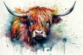 A Rainbow Highland Cow Watercolor Ai