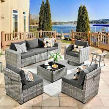Crater Grey 8 Piece Wicker Wide Plus Arm Patio Conversation Sofa Set With A Swivel Rocking Chair And Black Cushions