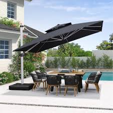 12 Ft Square High Quality Aluminum Cantilever Polyester Outdoor Patio Umbrella With Stand Gray