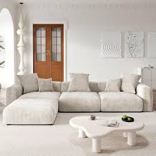 142 In Minimalism Large Movable 4 Seats Corduroy Upholsterd L Shaped Modern Sectional Sofa Couch With Ottoman In Beige