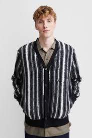 beams plus fleece cardigan stripe black