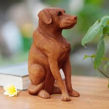 Hand Carved Suar Wood And Onyx Dog