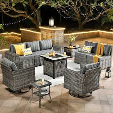 Tahoe Grey 10 Piece Wicker Swivel Rocking Outdoor Patio Conversation Sofa Set With A Fire Pit And Striped Grey Cushions