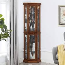 Cherry 5 Tier Lit Corner Curio Cabinet With Adjustable Tempered Glass Shelves And Mirrored Back