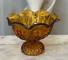 Vintage Amber Glass Compote Footed Bowl
