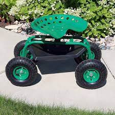Sunnydaze Green Rolling Garden Cart With 360 Degree Swivel Seat Tray