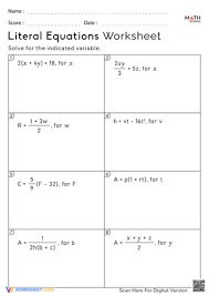 Solving Literal Equations Worksheets