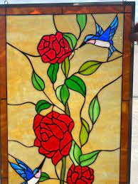 Hummingbird Red Roses Leaded Stained
