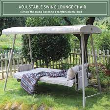 Afoxsos 3 Seat Metal Outdoor Patio Swing Bed With Cushion And Adjustable Canopy In Champagne Color