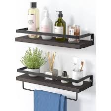 Cadeninc Dark Brown Floating Bathroom Shelf With Towel Rail For Bathroom Living Kitchen Bedroom Set Of 2