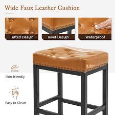 24 In Whisky Brown Counter Height Saddle Bar Stool Faux Leather Cushion Backless Bar Stool With Metal Legs Set Of 4