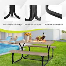 Hdpe Picnic Table Bench Set Outdoor Camping Table All Weather Metal Base Wood Like Texture With Benches Wood