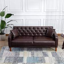 Kinwell 78 In Wide Square Arm Faux Leather Mid Century Modern Straight Tufted Sofa With Pillows In Brown