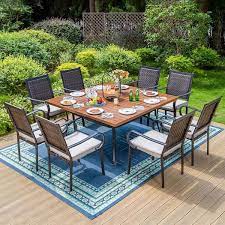 Phi Villa Black 9 Piece Metal Square Patio Outdoor Dining Set With Wood Finish Table And Rattan Arm Chairs With Beige Cushion