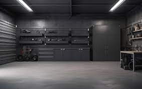 A Garage With A Black Wall That Has A