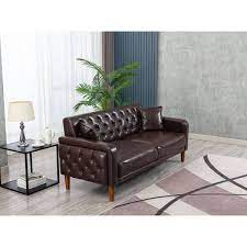 Modern 77 95 In W Square Arms Pu Leather Straight Sofa Bed Couch Of 3 Seaters And 2 Throw Pillows Tufted Back In Brown