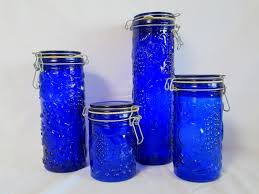 Set Of 4 Cobalt Blue Glass Canisters W