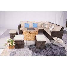 Moda Furnishings Roen 8 Piece Wicker Patio Conversation Set With Fire Pit And Beige Cushions