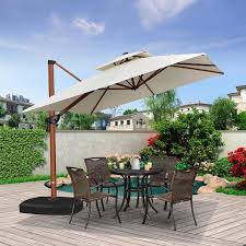 9 Ft Square High Quality Wood Pattern Aluminum Cantilever Polyester Patio Umbrella With Wheels Base Cream
