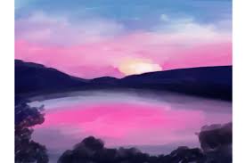 Watercolor Painting Sunset Landscape