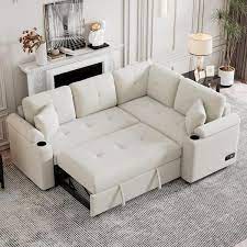 87 4 In Beige Velvet Sleeper 3 Seat L Shaped Full Size Reversible Sectional Sofa Bed With Chaise