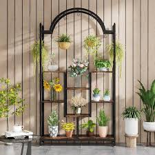 Byblight Wellston 74 8 In Rustic Brown 5 Tier Indoor Plant Stand Flower Rack With Side Hanging Hooks And S Hooks