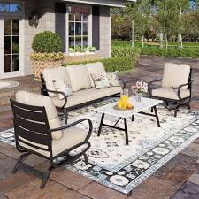 Phi Villa Metal 5 Seat 4 Piece Steel Outdoor Patio Conversation Set With Rocking Chairs Beige Cushions And Marble Pattern Table