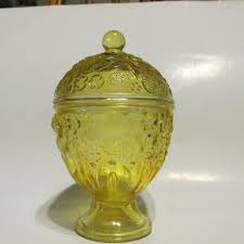 Amber Yellow Glass Covered Candy Dish