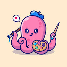Cute Octopus Artist Painting Cartoon