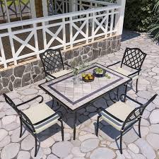 Casainc 67 In W X 40 In D Aluminum Ceramic Tile Top Rectangular Dining Table With Umbrella Hole Not Included Chair