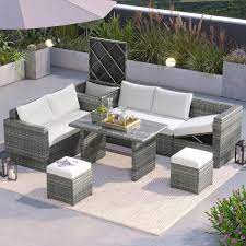 Gray 6 Piece Wicker Outdoor Sectional Set With Adjustable Seat Storage Box And Beige Cushions