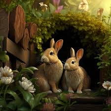 Two Rabbits In A Garden With Flowers