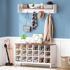 Byblight Carmalita White And Brown Hall Tree With Shoe Cubby And Coat Rack Shoe Rack Bench With Wall Mounted Shelf And Hooks Brown White