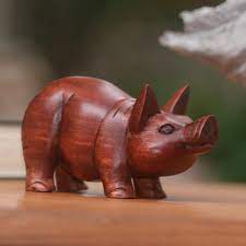Hand Carved Wood Sculpture Of A Pig